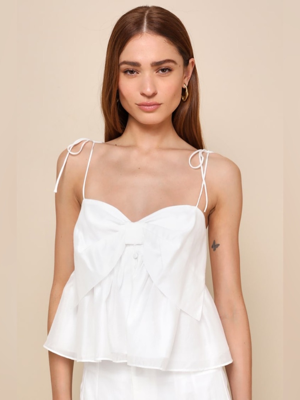 Lulus White Tie Strap Bow Cami Top XL NWT Peplum Babydoll Summer Blouse
